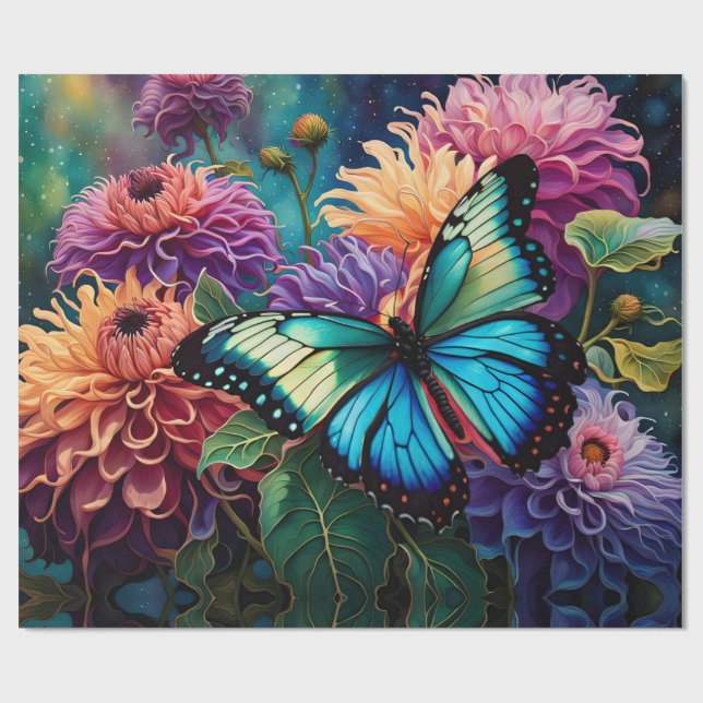 Dahlias and Iridescent Blue Grönt Butterfly Presentpapper (Platt)