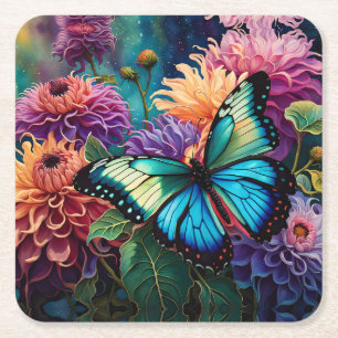 Dahlias and Iridescent Blue Grönt Butterfly Underlägg Papper Kvadrat