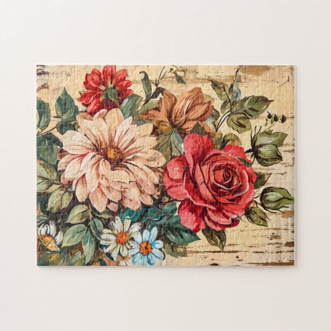 Dahlias and Roses on Cracked Wooden Wall Pussel (Horisontell)