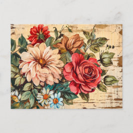 Dahlias and Roses on Cracked Wooden Wall Vykort