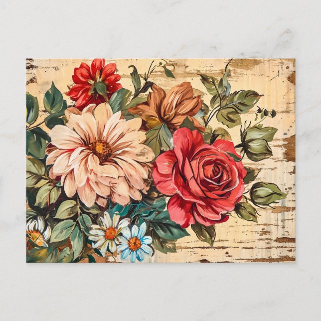 Dahlias and Roses on Cracked Wooden Wall Vykort (Framsida)