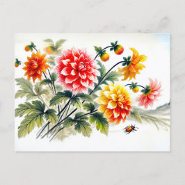 Dahlias Asian Bläck Painting Helg Vykort