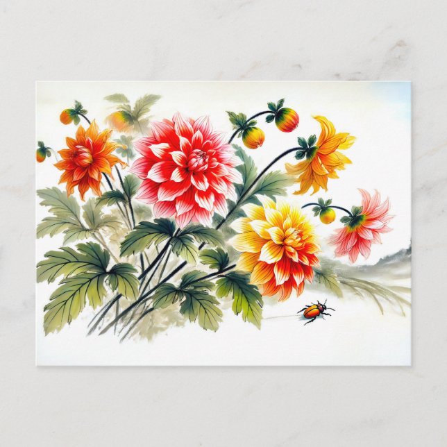 Dahlias Asian Bläck Painting Helg Vykort (Framsida)