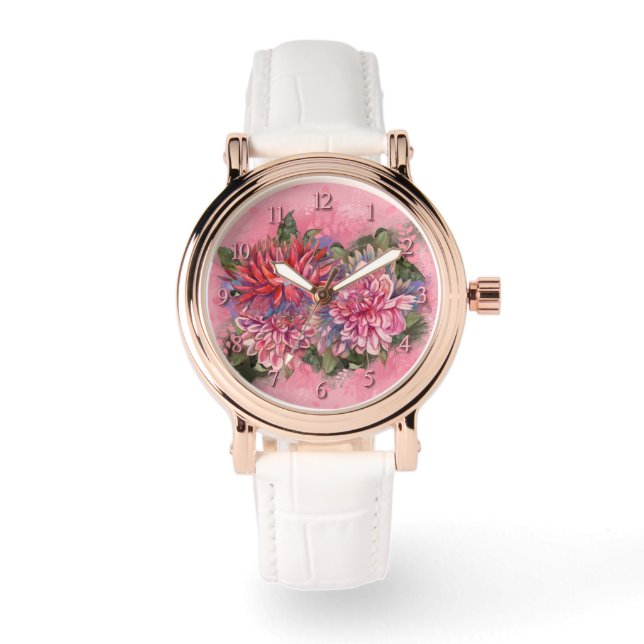 Dahlias blommor rosa vattenfärg armbandsur (Framsida)