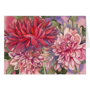 Dahlias blommor, vattenfärg hälsningskort