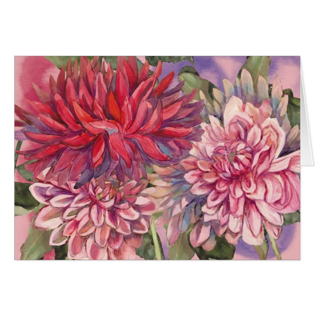 Dahlias blommor, vattenfärg hälsningskort (Framsidan Horizontal)