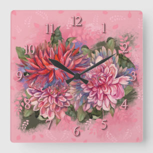 Dahlias blommor, vattenfärg, rosa fyrkantig klocka