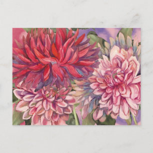 Dahlias blommor, vattenfärg vykort