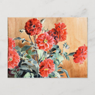 Dahlias, botanisk akvarellmålning vykort
