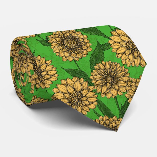 Dahlias i gult- och grönt-halsband slips (Rullad)