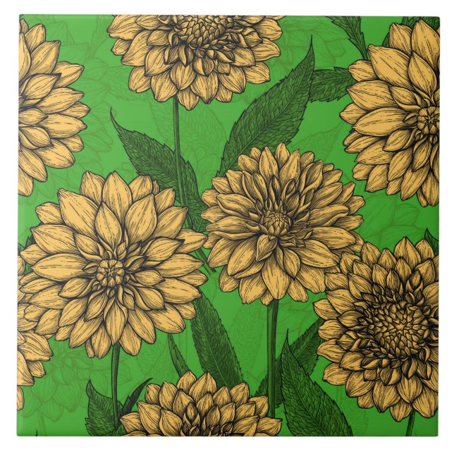 Dahlias i gult och grönt kakelplatta (Framsidan)