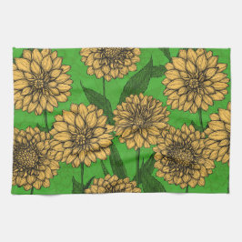 Dahlias i gult och grönt kökshandduk