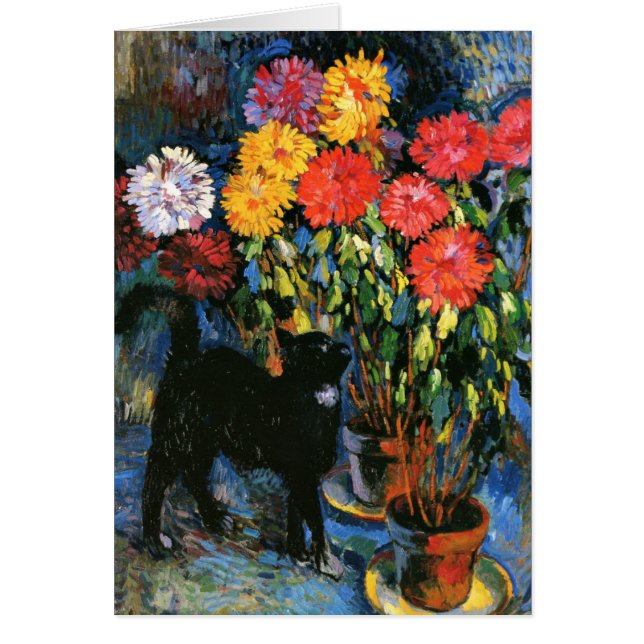 Dahlias och Black Cat, bra konsmålning Hälsningskort (Framsidan)