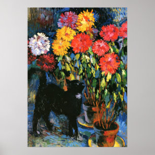 Dahlias och Black Cat, bra konsmålning Poster