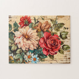 Dahlias och rosor på sprucken trävägg pussel