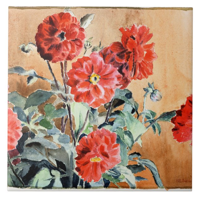 Dahlias, vattenfärgsmålning av Hannah Overbeck Kakelplatta (Framsidan)