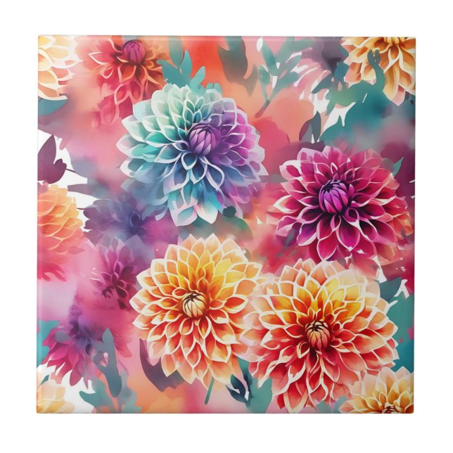 Dahlias Watercolor Blommigt Kakelplatta (Framsidan)