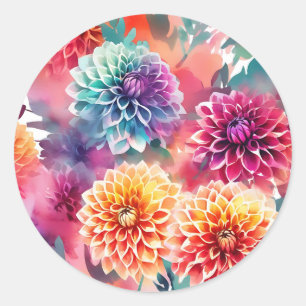 Dahlias Watercolor Blommigt Runt Klistermärke