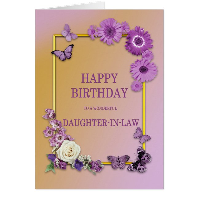 Daighter in Law Birthday Flowers and Butterflies Hälsningskort (Framsidan)
