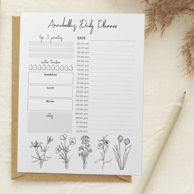 Daily Planner Hourly To Do List Black White Floral Anteckningsblock (Skapare uppladdad)