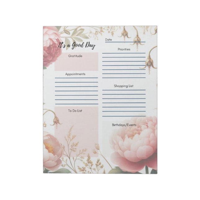 Daily Planner Peonies Blommigt Gräns Anteckningsblock (Roterad)