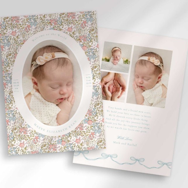 Dainty Floral Bow Photo Birth Announcement Meddelande (Skapare uppladdad)