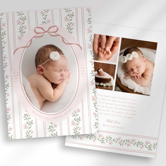 Dainty Floral Bow Photo Birth Announcement Meddelande (Skapare uppladdad)