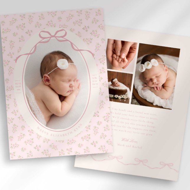 Dainty Floral Coquette Photo Birth Announcement Meddelande (Skapare uppladdad)