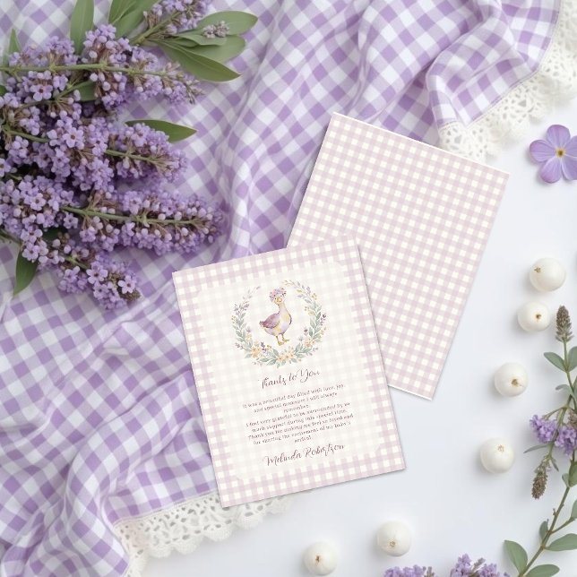 Dainty Lavender Gingham Goose Baby Shower LPM26 Tack Kort (Dainty Lavender Gingham Goose Baby Thank You Card Featuring Floral Crown Watercolor Effect.)