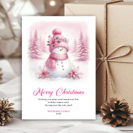 Dainty pink snowman kids greeting card editable julkort