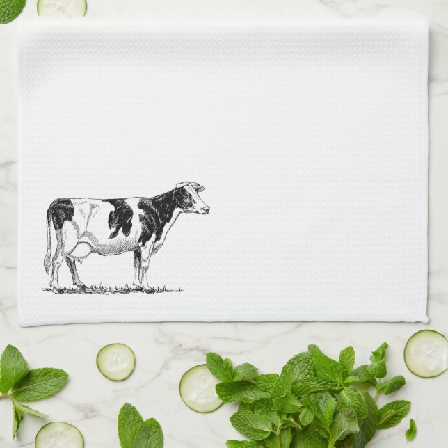 Dairy Cow Holstein Fresian Pencil Teckning Kökshandduk (Vikta)