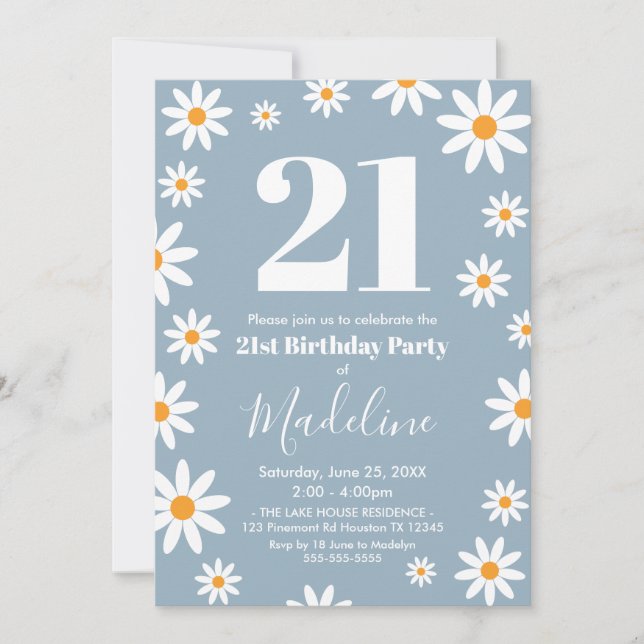 Daisies Dusty blue Birthday Party Invitation Inbjudningar (Framsida)