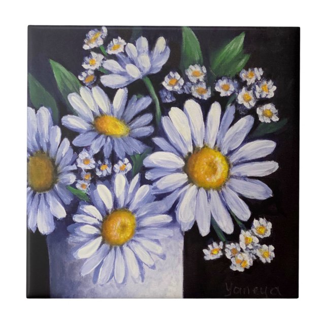 Daisies flower ceramic tile coasters kakelplatta (Framsidan)