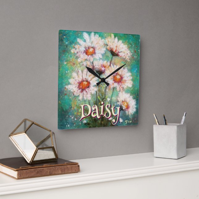 Daisies Impressionistic Floral Teal Personalized Fyrkantig Klocka (Kontor)