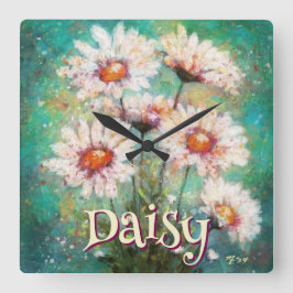 Daisies Impressionistic Floral Teal Personalized Fyrkantig Klocka