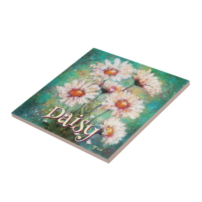Daisies Impressionistic Floral Teal Personalized Kakelplatta (Sidan)