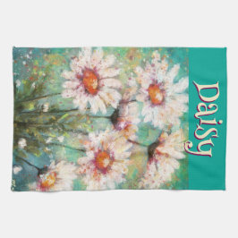 Daisies Impressionistic Floral Teal Personalized Kökshandduk