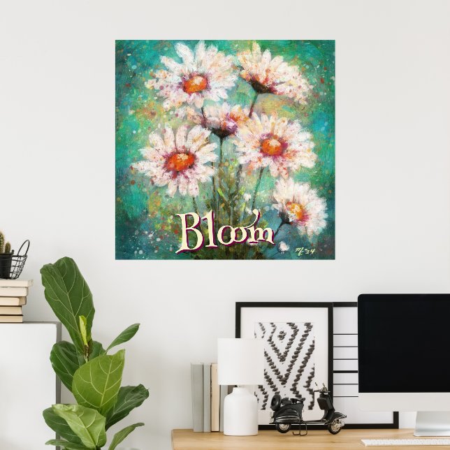 Daisies Impressionistic Floral Teal Personalized Poster (Hemmakontoret)