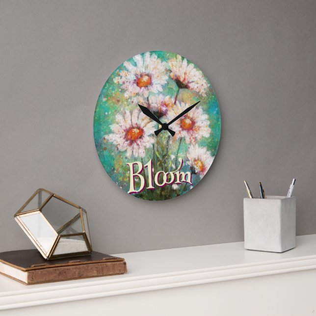 Daisies Impressionistic Floral Teal Personalized Stor Klocka (Kontor)
