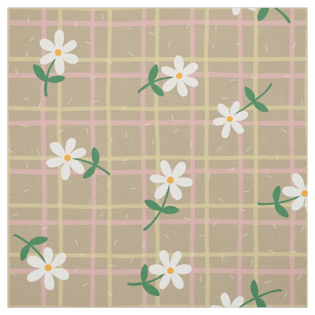 Daisies on Brown Plaid (large scale) Tyg (Provkarta)