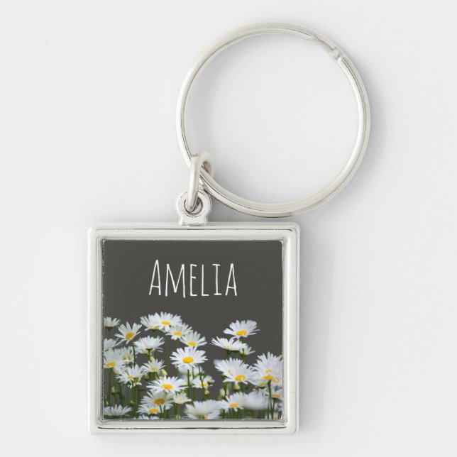 Daisies on Gray Personalized Fyrkantig Silverfärgad Nyckelring (Framsidan)