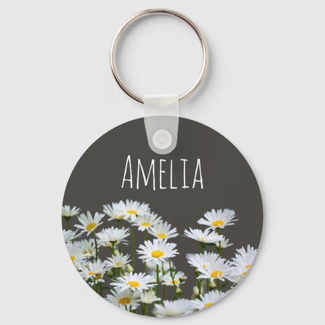 Daisies on Grey Personalised Nyckelring (Framsida)