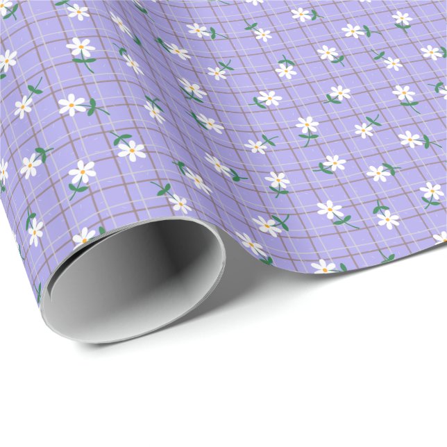 Daisies on Purple Plaid (small scale) Presentpapper (Rullad Hörn)
