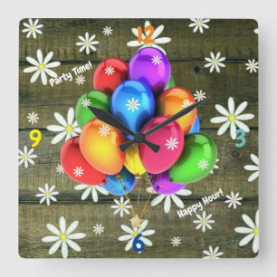 Daisies Rustic Barn Board Party Balloations Fyrkantig Klocka