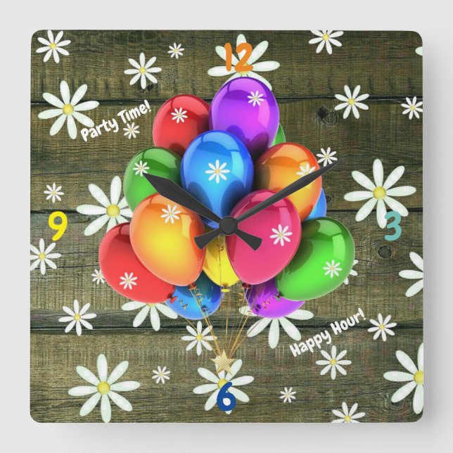 Daisies Rustic Barn Board Party Balloations Fyrkantig Klocka (Framsida)