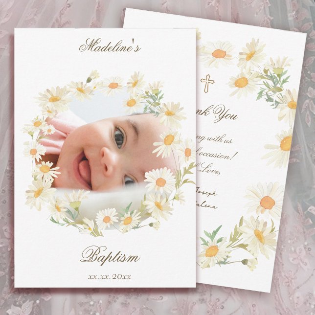 daisies wreath Baptism small thank you card  Inbjudningar (Skapare uppladdad)
