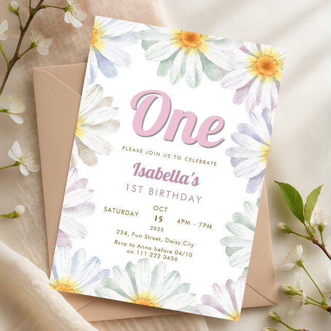 Daisy 1 1 2:a 4:e höftdagen inbjudningar (Daisy One 1st 2nd 3rd 4th 5th Flower Birthday Invitation)