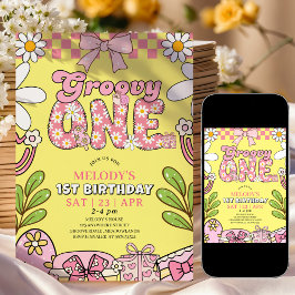 Daisy 1:a födelsedag Rosa och gul retro födelsedag Inbjudningar