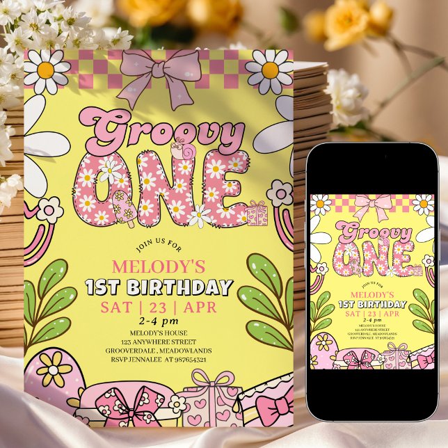 Daisy 1:a födelsedag Rosa och gul retro födelsedag Inbjudningar (Skapare uppladdad)