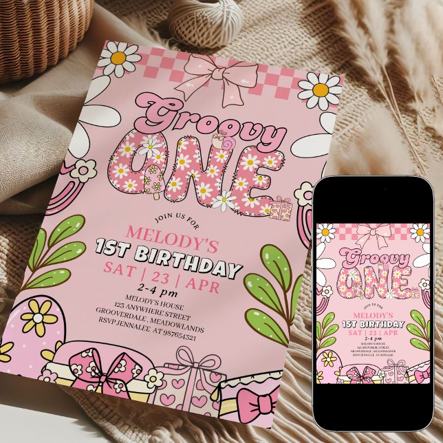 Daisy 1:a födelsedag Rosa Retro Födelsedagsfirande Inbjudningar (Skapare uppladdad)
